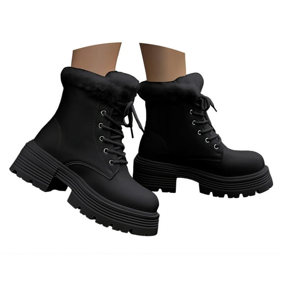 YLYL Women Winter Snow Boots PU Leather Warm Fuzzy Fur Lined Lace up Non Slip Combat Ankle Boots