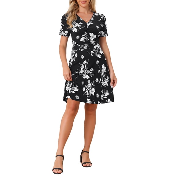 INSPIRE CHIC Women's Floral Print Dress Casual Ruched Short Sleeve V Neck Sundress S Black