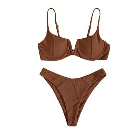 

bangyoudaoo Bikini Set High Cut Push Up Underwire Bra Bathing Suit Brown(Size：M)
