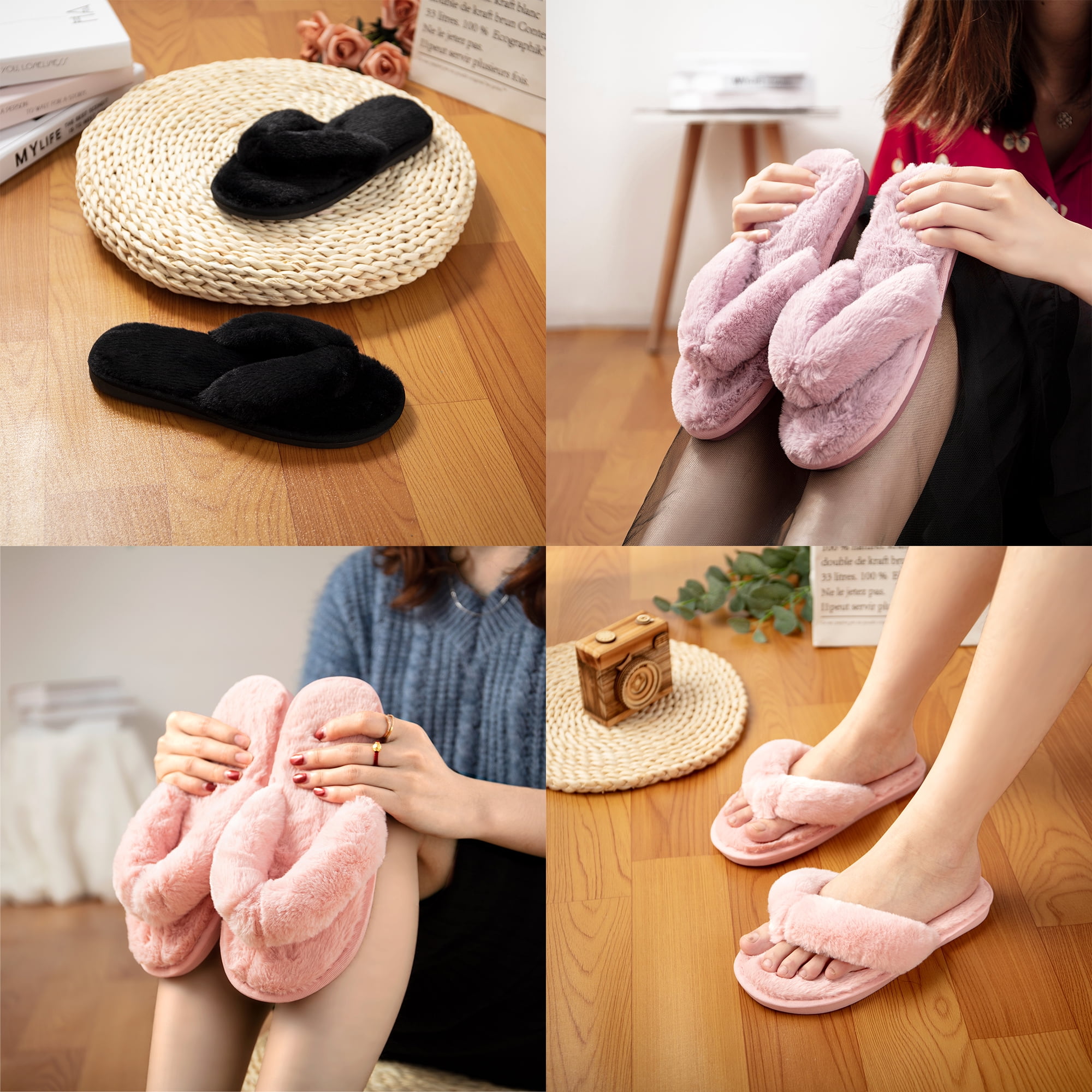 Fuzzy Flop Slippers for Women Cute And Slippers Squishy Lightweight For Indoor Outdoor Durable Anti-skid Walmart.com