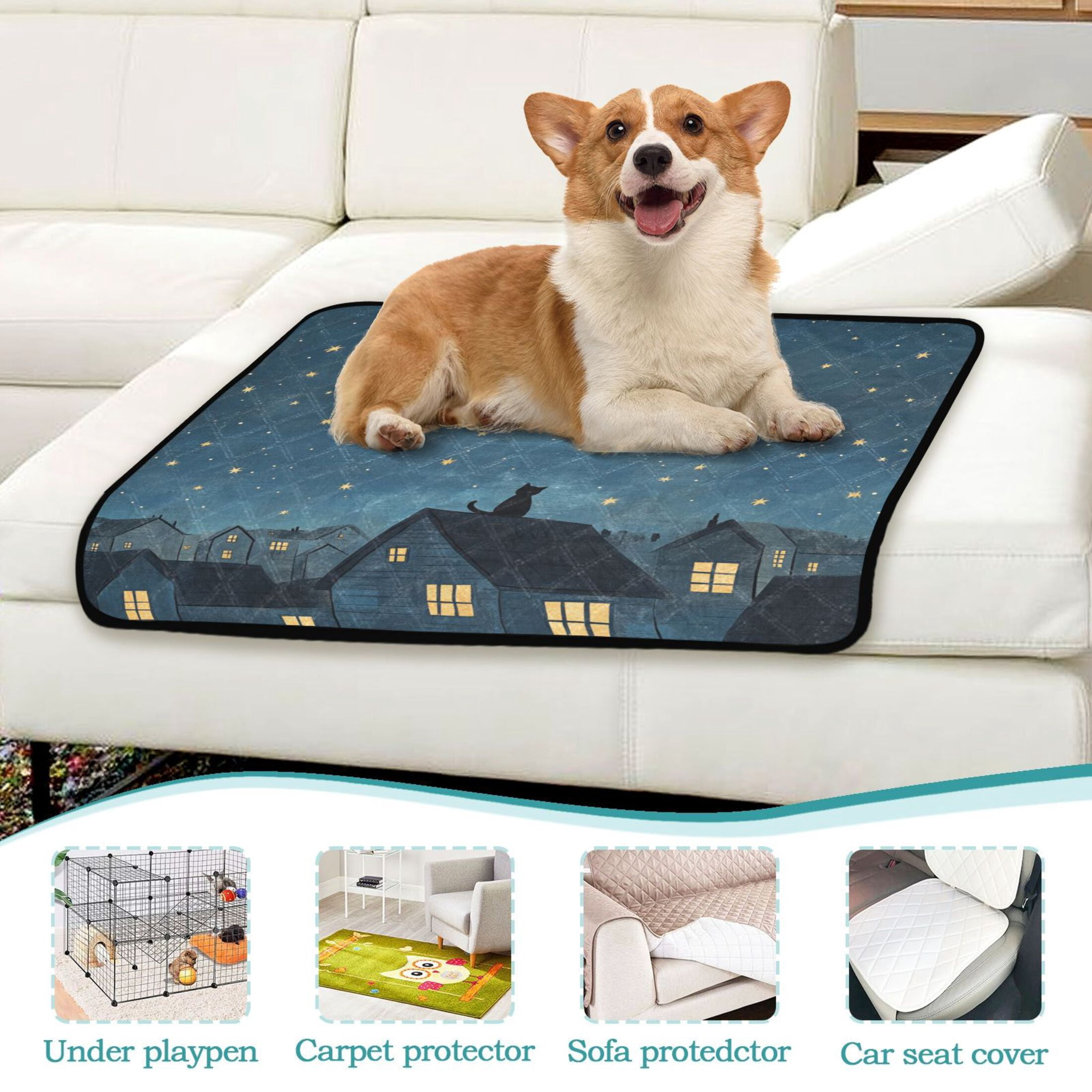 Qxltty Illustration Of Cat Sitting on Roof Cat litter Pads Pet Set of 3 Diaper Mats Center Anti-leakage Layer Absorbent Soft and Comfortable