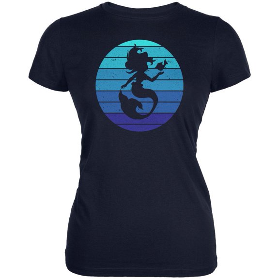 Mermaid Retro Ocean Blues Juniors Soft T Shirt Navy MD