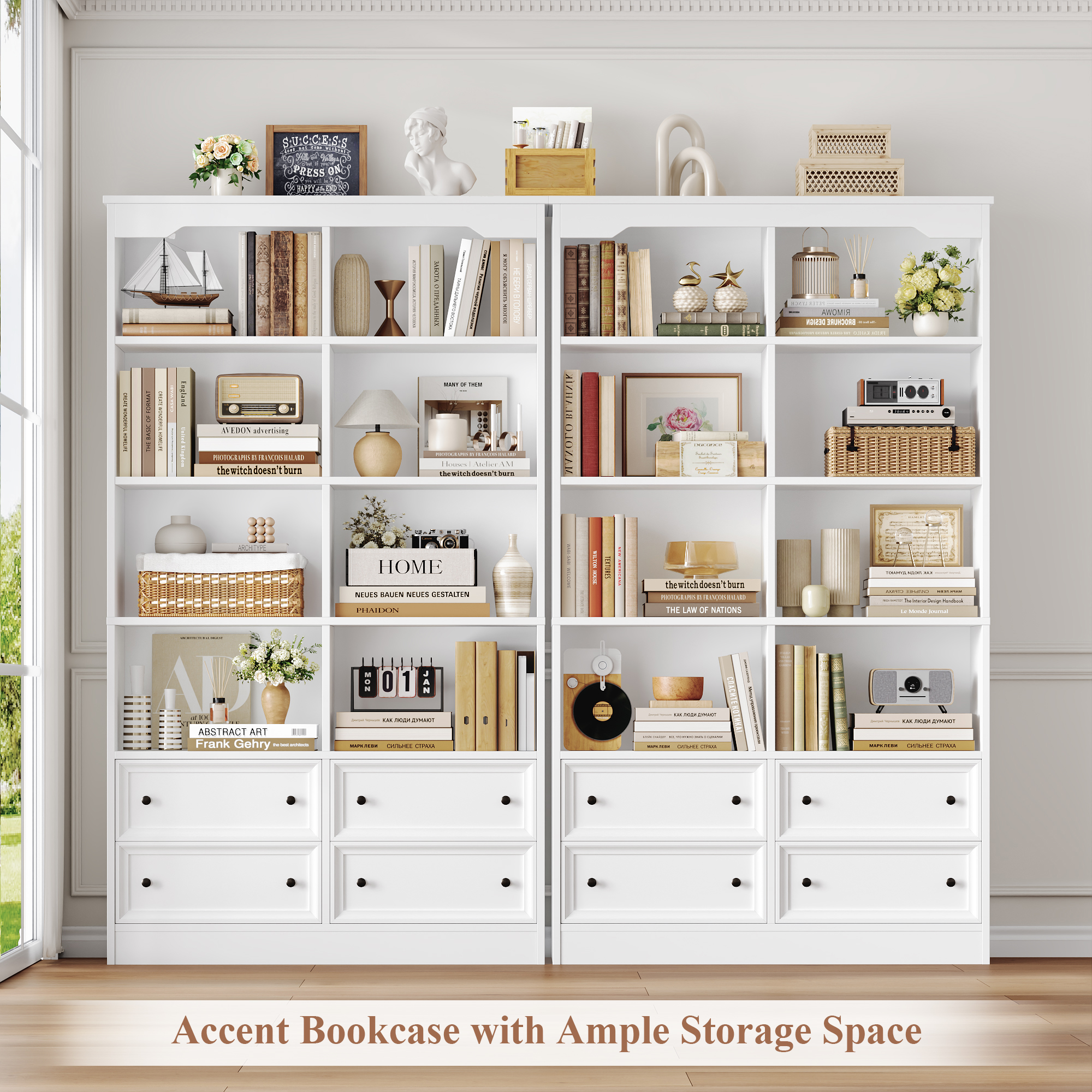Homfa Double Row 6-Tier Bookcase with Drawers, 71 Inch, White photo 7