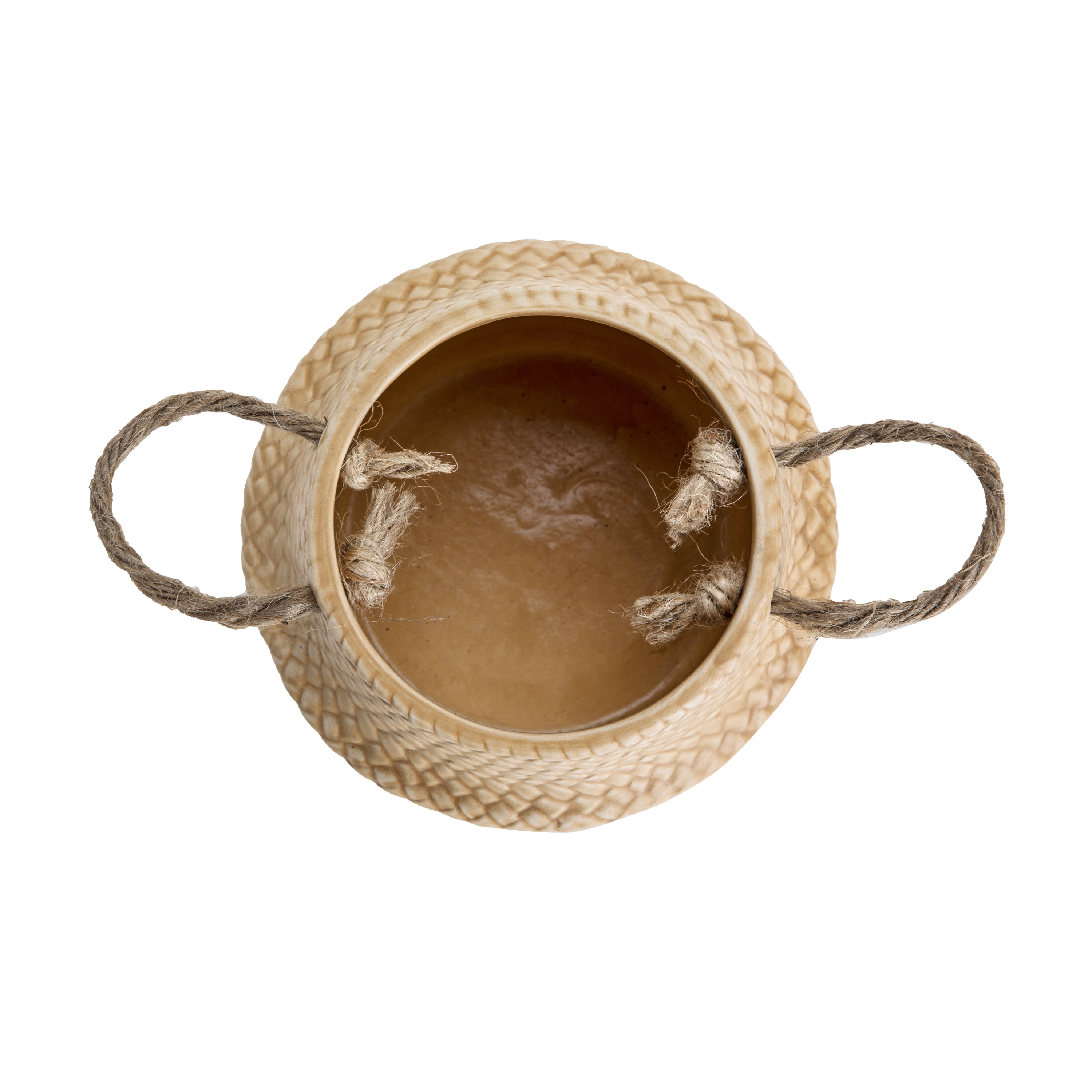 Mainstays Brown Ceramic Belly Basket Planter with Jute Handles, 5.39"D x 4.6"H