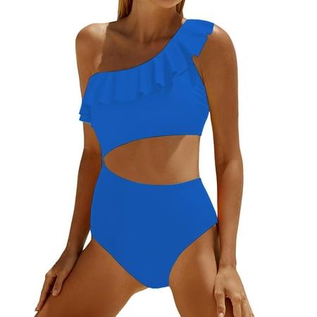 Chuancc Two Piece Swimsuit for Women High Cut Bikini Women Cutout Swimsuits One Shoulder Ruffle Cut Out Bathing Suit Swimwear Monokini 2025 Swim Dresses for Women Tummy Control Blue S Clearance