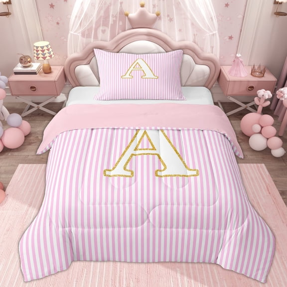 Erosebridal Gold Initial Letter A Twin Comforter Sets for Kids, Pink Stripes Bedding Set, 2pcs
