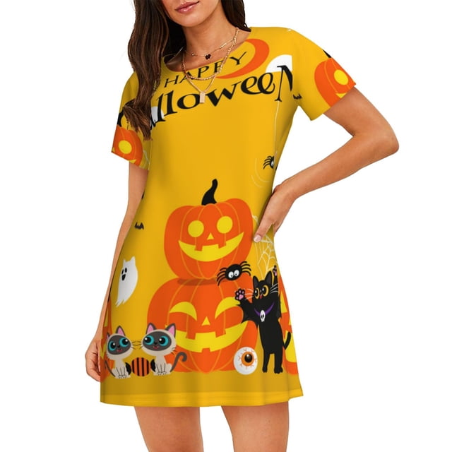 Balery Happy Halloween1 Camisón de manga corta con cuello redondo para mujer, cómodo y elegante.
