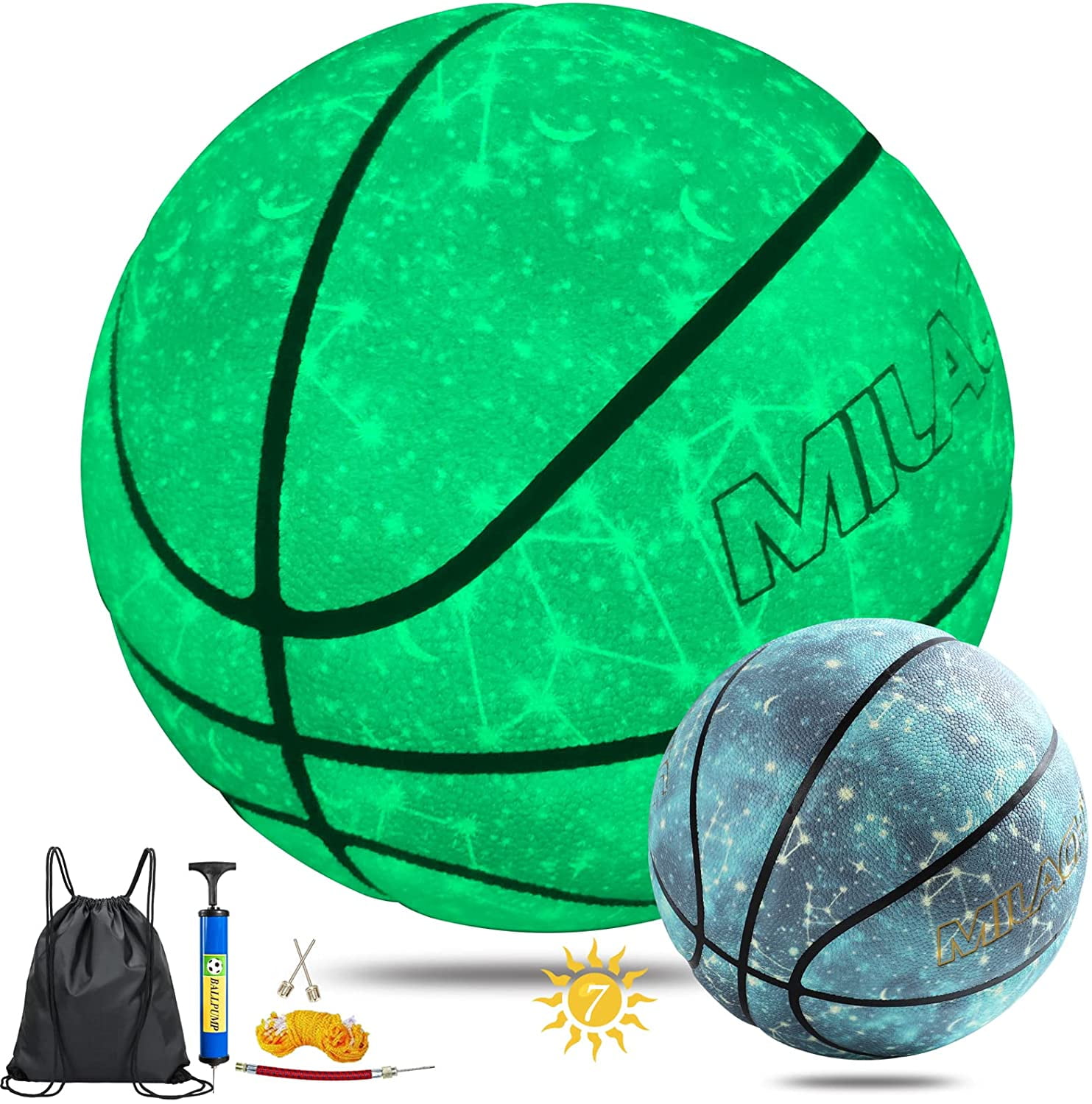 MILACHIC Basketball, Glow in the Dark Basketball Glowing Composite Leather Luminous Basketball Gift for Boys, Girls, Men, Women, Indoor-Outdoor Night Basketball Size 6 (28.5") with Pump