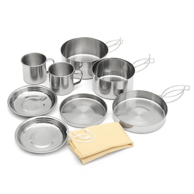 Ensemble de 8 Pcs de Batterie de Cuisine Portable en Acier Inoxydable pour Randonnée Randonnée Sac à Dos Pique-Nique Extérieur EDC Ensembles Tactiques avec Sac