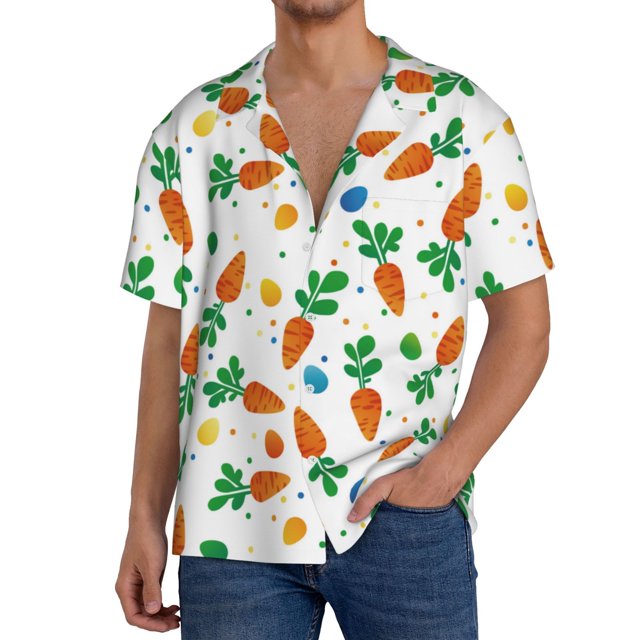 Fotbe Cute Carrot Camisa Estampada de Manga Corta para Hombre, Casual de Verano, Estilo Playero, Sin Arrugas-Medium