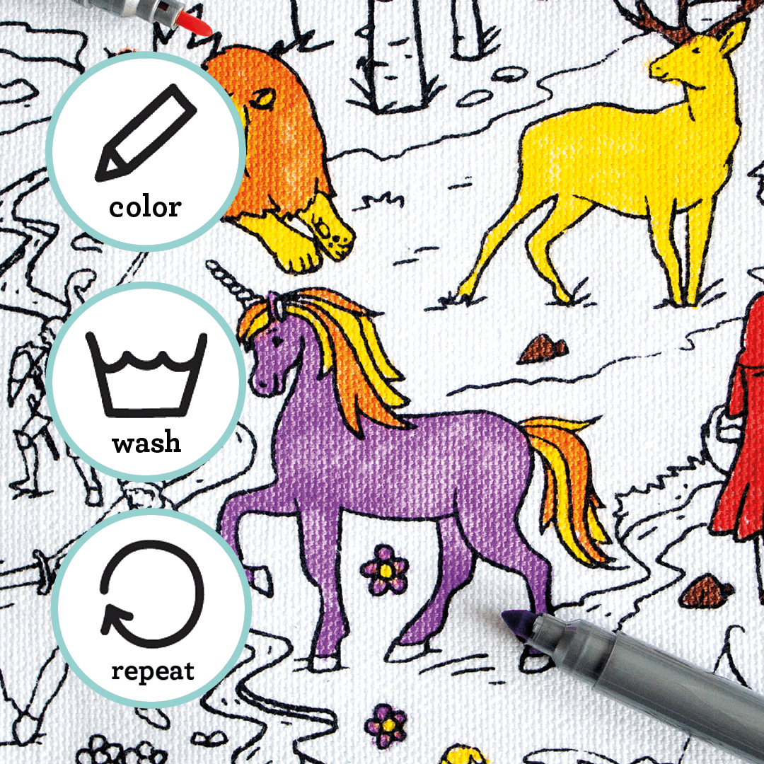 eatsleepdoodle Coloring Cotton Placemat with Washable Markers - Fairy Tale and Princess Color in Activity Craft Kit for Girls and Boys Age 3+