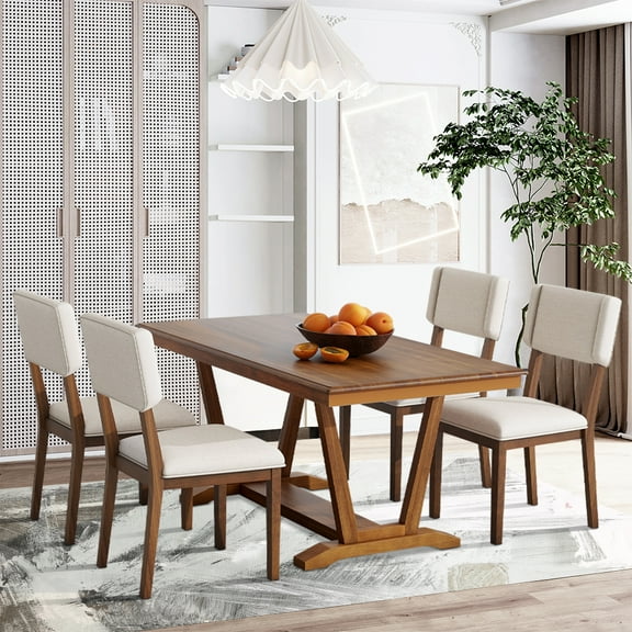 5 Piece Dining Table Set, Atumon Dining Table Set for 4, Wood Dining Room Set with 1 Table and 4 Upholstered Chairs, Farmhouse Dining Table Set for Kitchen Dining Room Apartment, Walnut
