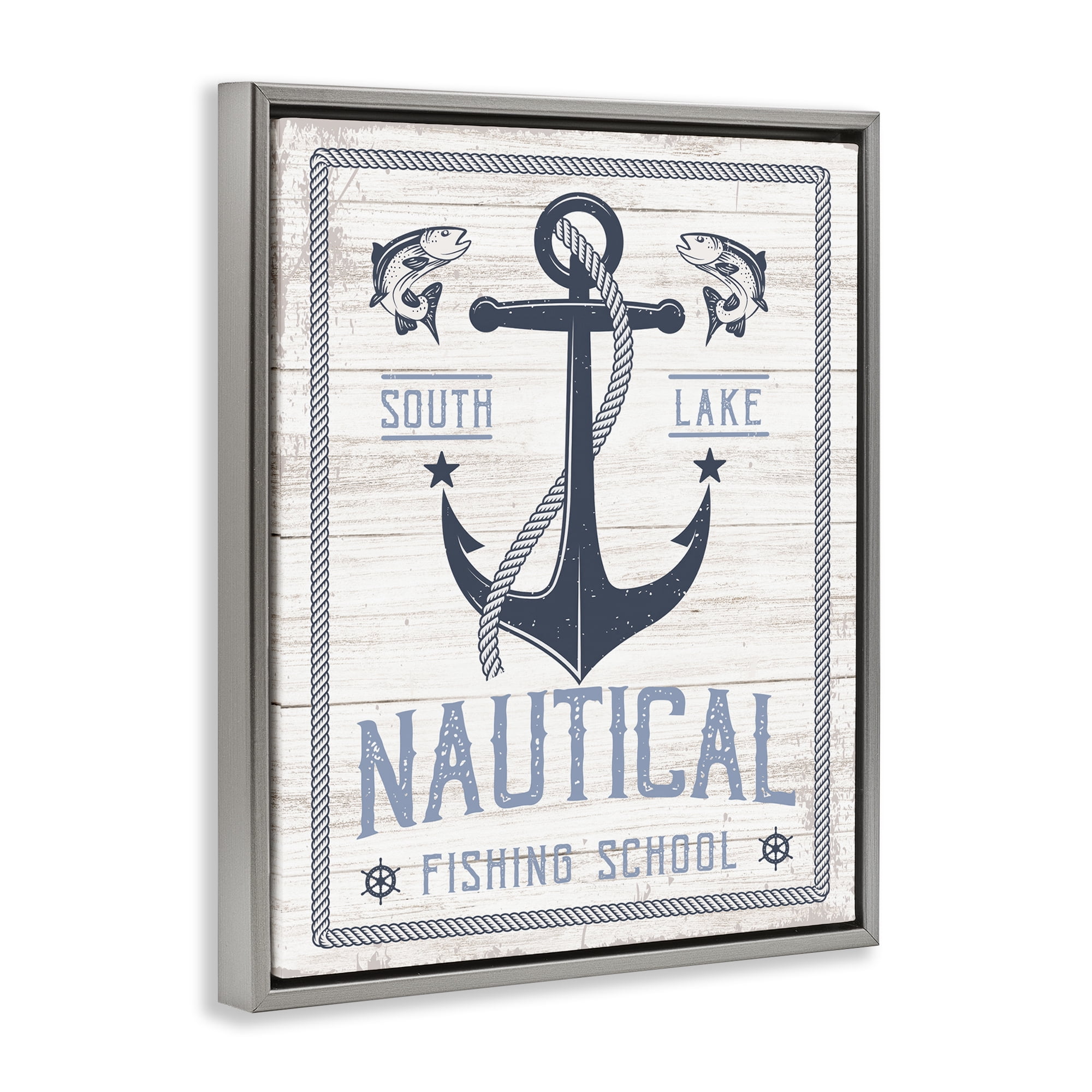 Stupell Industries Nautical Fishing School Nautical & Beach Painting Gray Floater Framed Canvas Art Print Wall Art, 17 x 21