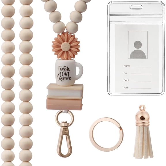 Teacher Lanyard with ID Holder, Wood Beaded with Flower Book Lanyard for Key, Badge, Cute Boho Breakaway Lanyard for Women