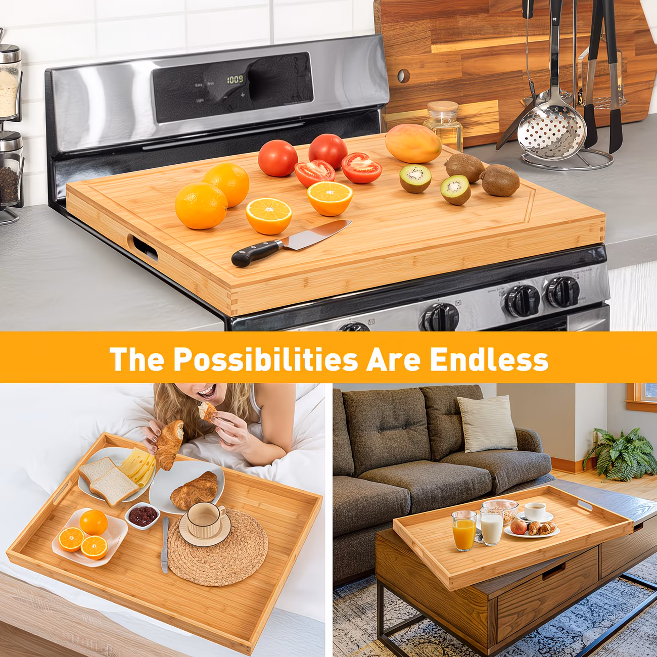 Bamboo Stove Top Cover – Noodle Board for Gas & Electric Stovetop – Extra Counter Space Board with Handle Grooves – Multipurpose Sink Cover & Light Cutting Board