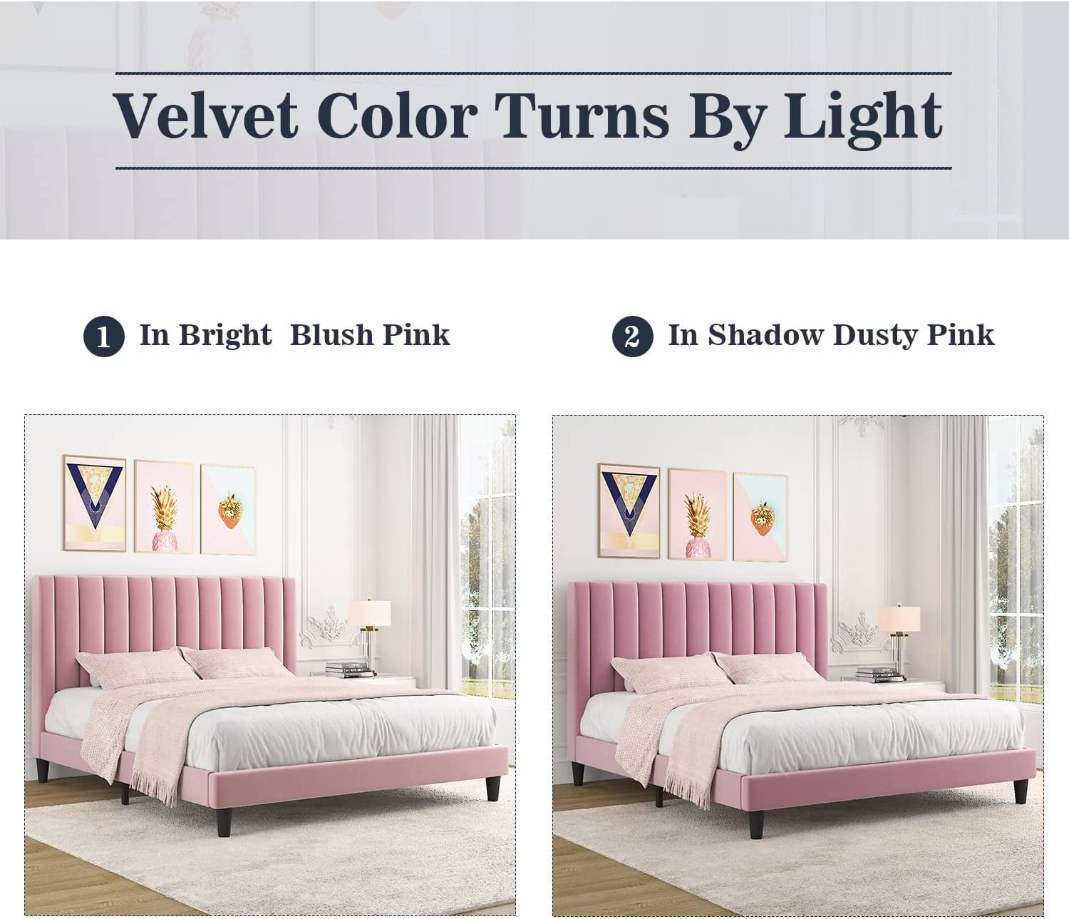 Buy Allewie Full Size Velvet Upholstered Bed Frame with Vertical Channel Tufted Headboard, Pink