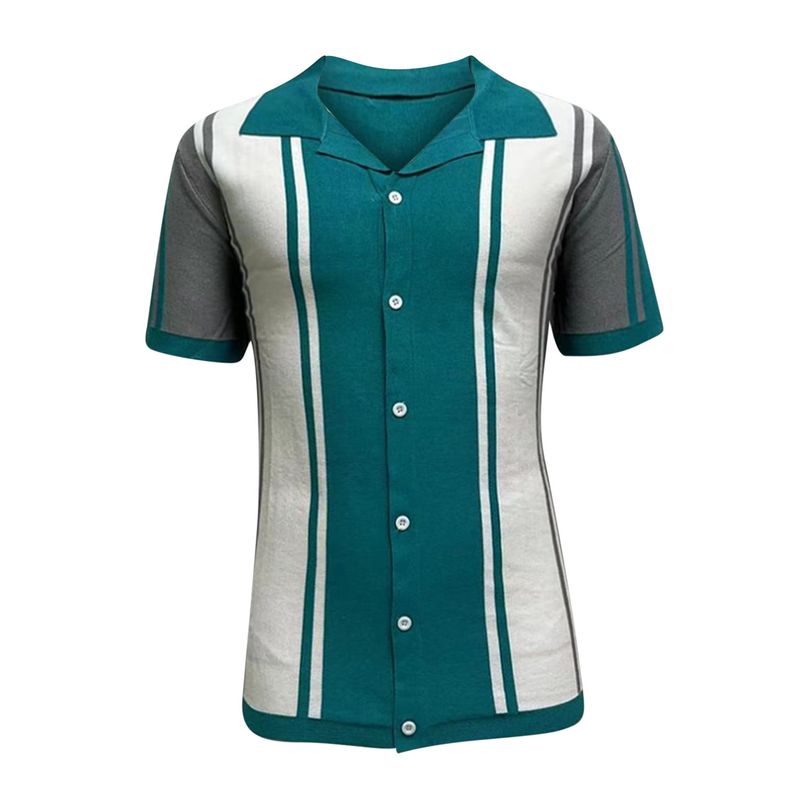Hfyihgf Men's Polo Shirts Retro Knit Shirt 70s Vintage Striped Knit  Cardigan Shirt Short Sleeve Button Down Golf Shirts(Green,XL)