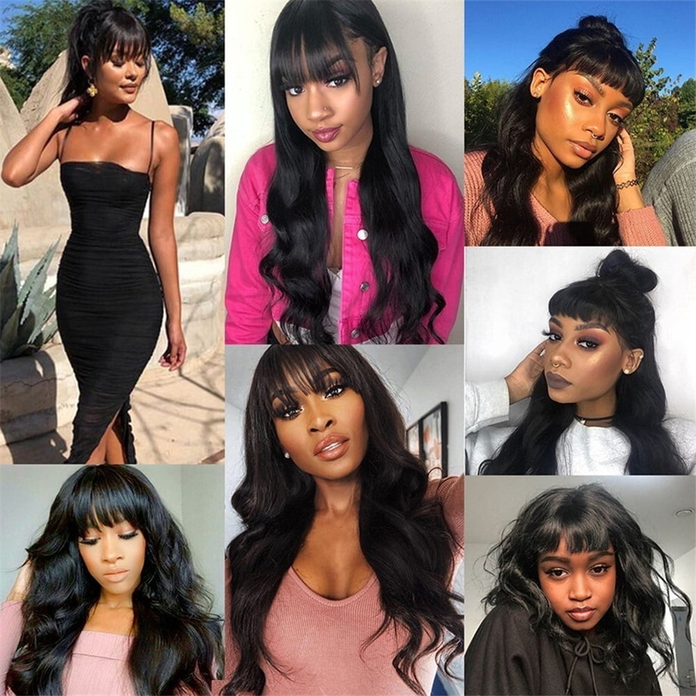 Human Hair Wig with Bangs Body Wave Hair Wigs Machine Made Loose Wave Glueless Wigs