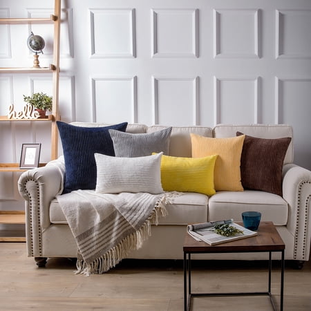 Soft Corduroy Striped Velvet Series Decorative Throw Pillow, 18" x 18", Off White, 2 Pack