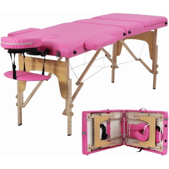 Dkelincs Portable Massage Bed 73 inch Folding Massage Table Height Adjustable 3 Fold Lash Bed Spa Table W/Carry Bag, 450 lbs(Pink)