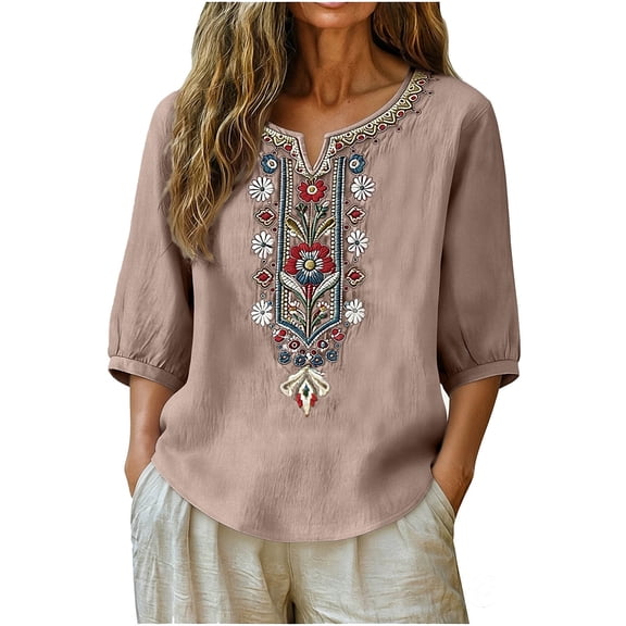 Womens Summer Linen Tops Casual 3/4 Sleeve Split Neck Shirts Loose Boho Embroidered Womens Vacation Beach Blouses S-3XL