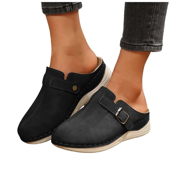 Rokment Orthopedic Wedges Mules and Clogs for Women 2026 Spring Summer Comfortable Fashion Suede Buckles Closed Toe Walking Sandals Casual Arch Support High Heel Dressy Half Slippers Black Size 6