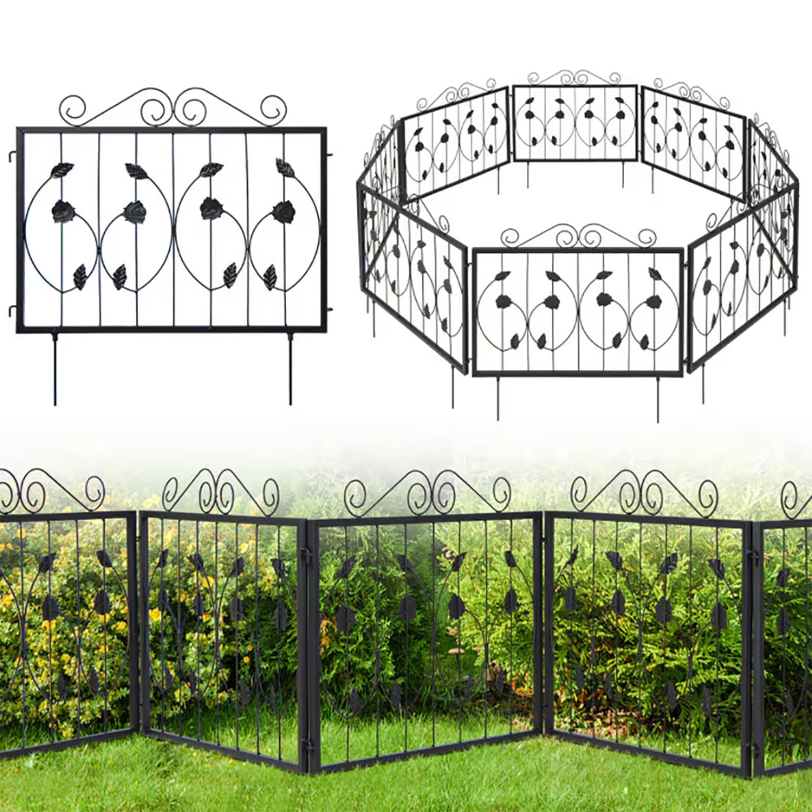 HengDidi Metal Garden Fence 8 Panels Decorative Animal Barrier, Rust-Resistant Black Outdoor Fence Flexible Shape Adjustable, Easy Pet Protection for Dogs Rabbits Chickens, Yard Garden Decor