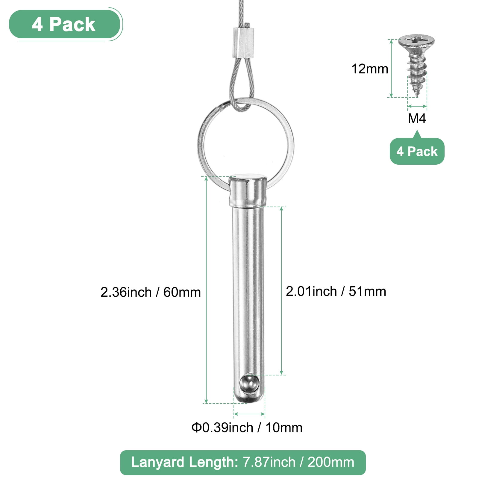 Uxcell 2-Pack Quick Release Pins, 1/4"(6mm) Diameter, 1.06"(27mm) Usage Length Bimini Top Pin W/Lanyard & Screws, 1.57"(40mm) Long Hardware Pins