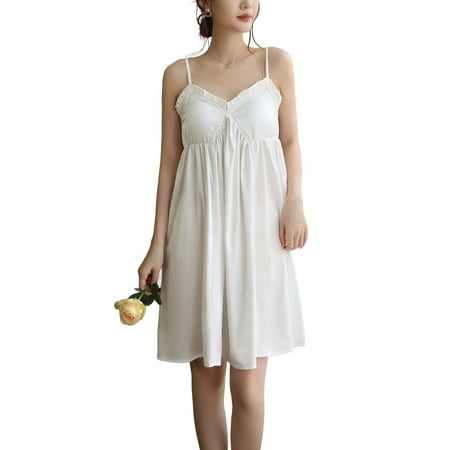 Defitshape Women s Victorian Nightgown Chemise Lingerie Slip Deep V Neck Padded Lounge Dress Band Elastic Vintage Fashion Knee Length Princess Bra Night Gown White Medium