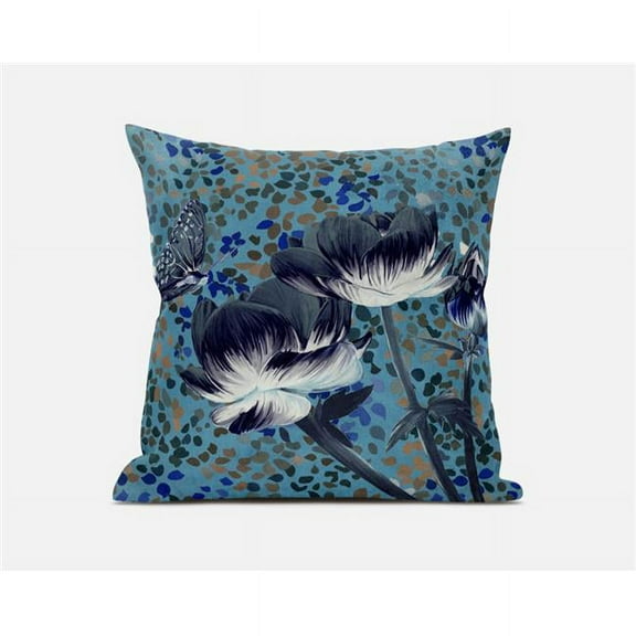 Three Roses with Butterfly Throw Pillow with Removable Cover in Green White Sea Blue 18x18