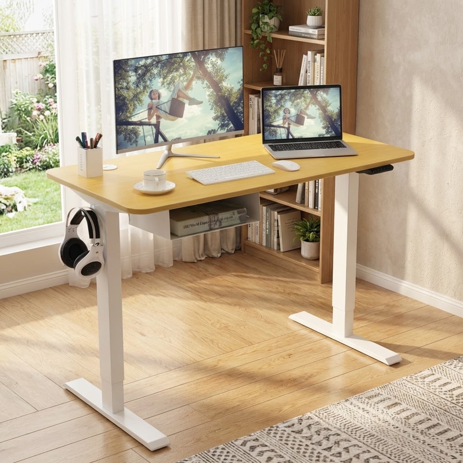 Furnibear 48-Inch Electric Standing Desk Adjustable Height with Memory Control Panel and USB Port, Natural