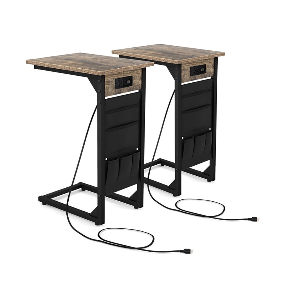 Finihen End Table, Set of 2 C Shaped End Table with Charging Station, Sofa Side Table, Bed Side Table, for Living Room, Bedroom, Rustic Brown Finihen End Table, Set of 2 C Shaped End Table with Charging Station, Sofa Side Table, Bed Side Table, for Living Room, Bedroom, Rustic Brown