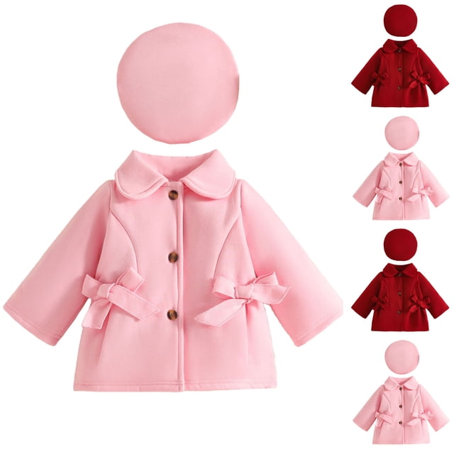 MKOSPLRT Fall Winter Outfits for Baby Girls 6M-2T Button Down Lapel Collar Outwear Jacket Solid Warm Bow Coats with Hat
