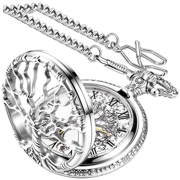 Reloj de bolsillo Tiong 4,5 cm de cuarzo con árbol de la vida y cadena