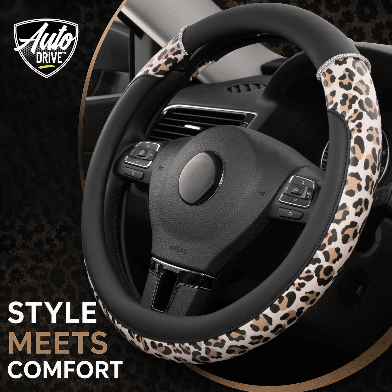 Auto Drive Steering Wheel Cover, Pink Leopard Print with Rhinestone Accents Steering Wheel Cover, Fashion Steering Wheel Cover,Non-Slip Grip, Universal Fit for Cars, SUVs & Trucks,Beige