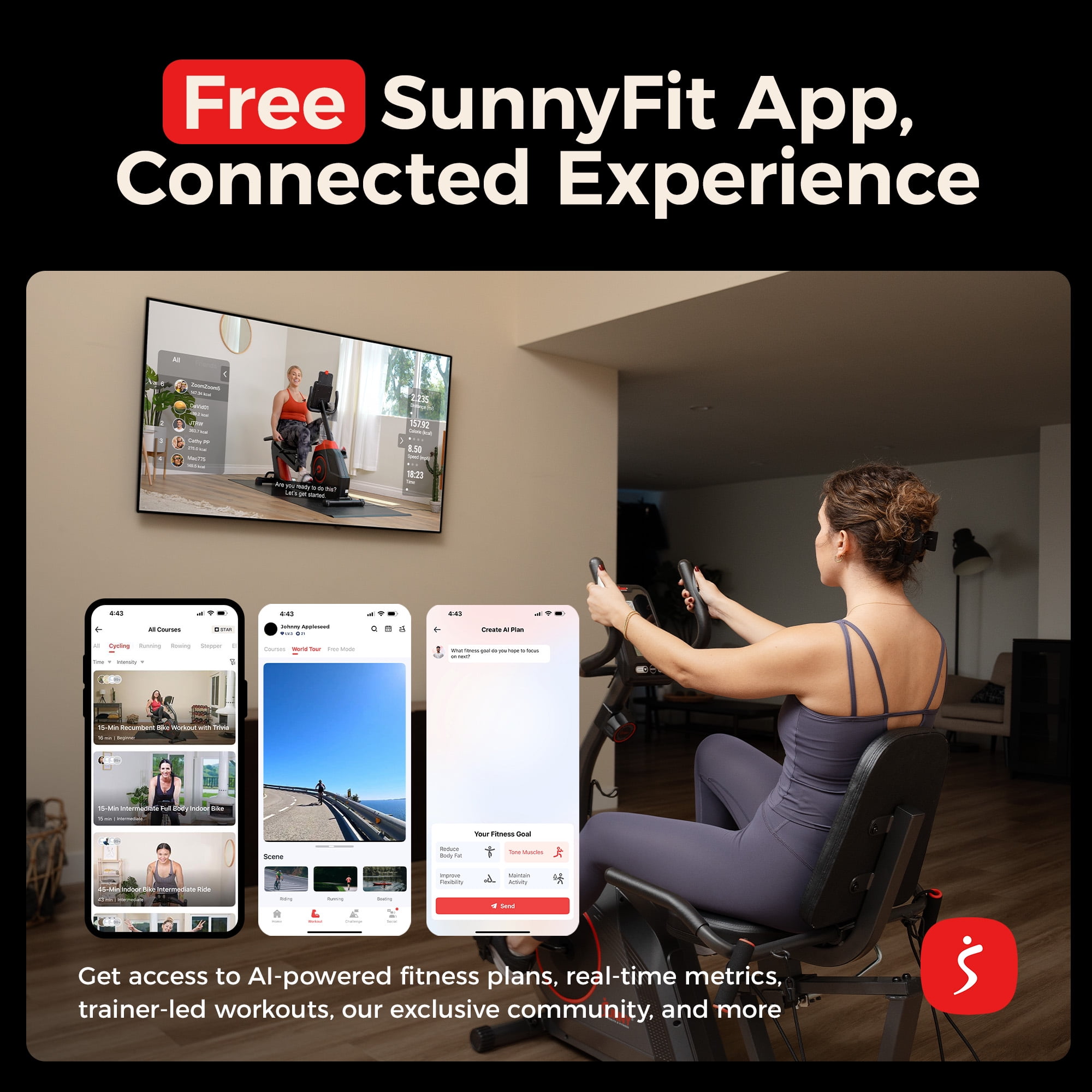 Sunny Health & Fitness Recumbent Exercise Bike w Free SunnyFit App