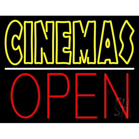 Double Stroke Yellow Cinemas Open LED Neon Sign 24" Tall x 31" Wide - inches Black Square Cut Acrylic Backing, with Dimmer - Premium built indoor Sign for Cinema.