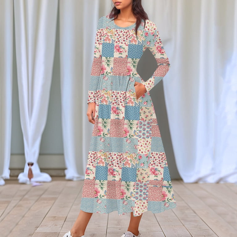 FrzhBrz Womens Maxi Dress Flowy Cute Floral Print Slim Crew Neck Long  Dresses with Pockets - Walmart.com