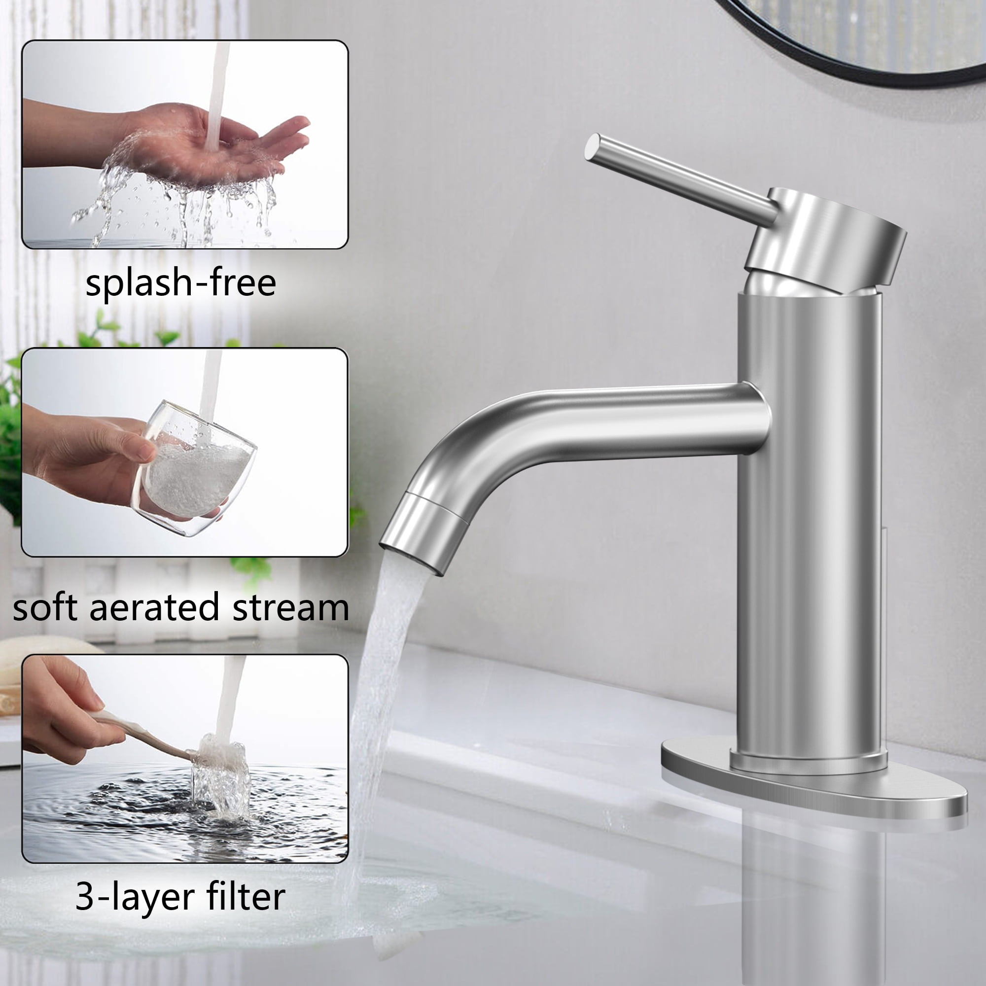 Bathroom Faucet, Silver Bathroom Faucet Single Handle Bathroom Faucet Modern Single Hole Faucet Bathroom with Pop-up Sink Drain Stopper & Deck Plate 1 or 3 Hole Bathroom Faucet(Brushed Silver)