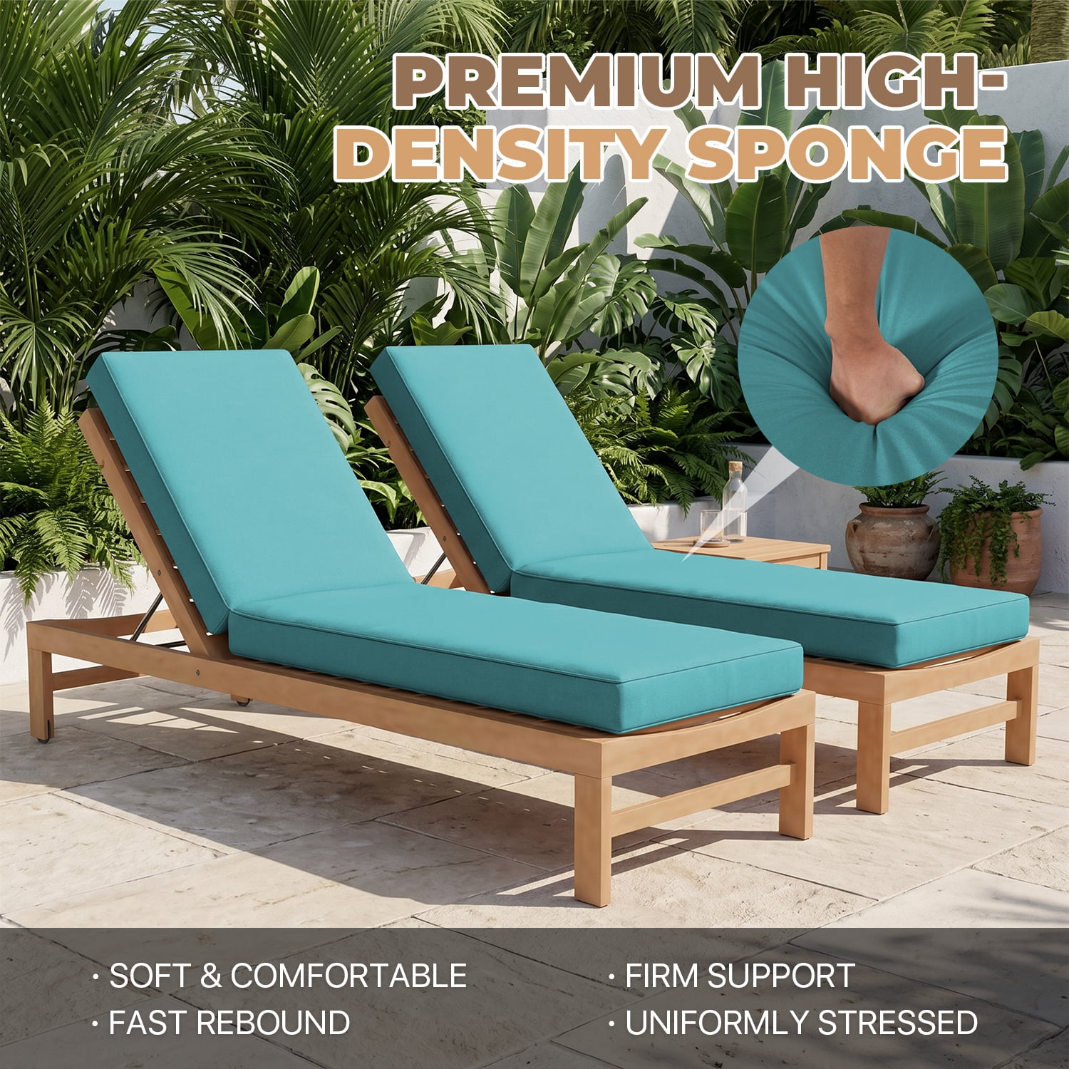 BaPiPro Sky Blue 2-Pack Outdoor Chaise Lounge Cushions, Waterproof Patio Lounge Chair Pad with High-Density Foam, Removable Cover & Secure Ties for Poolside, Garden & Patio