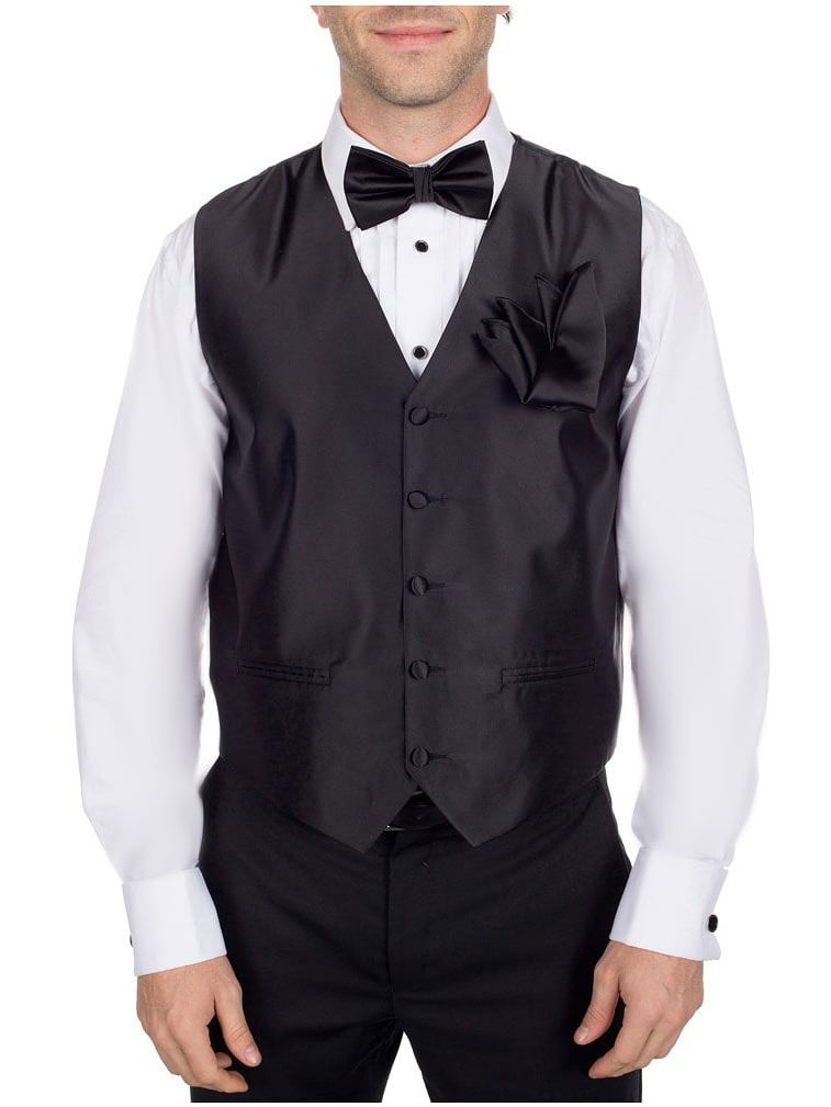New Men's Sequin GOLD Tuxedo VEST Waistcoat & BOW TIE and SOLID BLACK HANKIE set 
