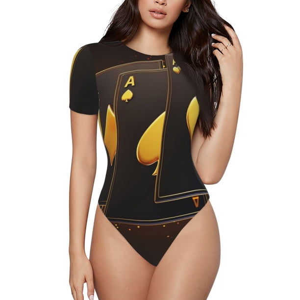 Balery Casino Playing Cards Body de cuello redondo de manga corta para mujer Tops de manga corta Tops básicos-Small