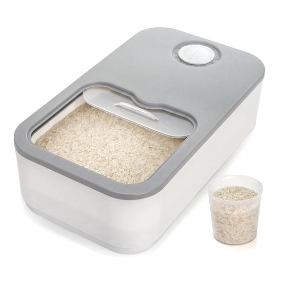 Rice Storage Container, 11 Lbs Plastic Airtight Rice Dispenser with Measuring Cup, Dry Food Storage Bucket Box with Lid, Flour Bin Pet Food Container, Kitchen Organizer for Grain Cereal, White