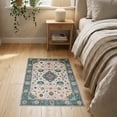 thumbnail image 3 of ODIKA 2'x3' Washable Throw Rug Mid Century Geometric Ornate Border Hallway Teal Oushak Coastalbeach for Study Room, Non-Slip Low Profile, Flatwoven, 3 of 7
