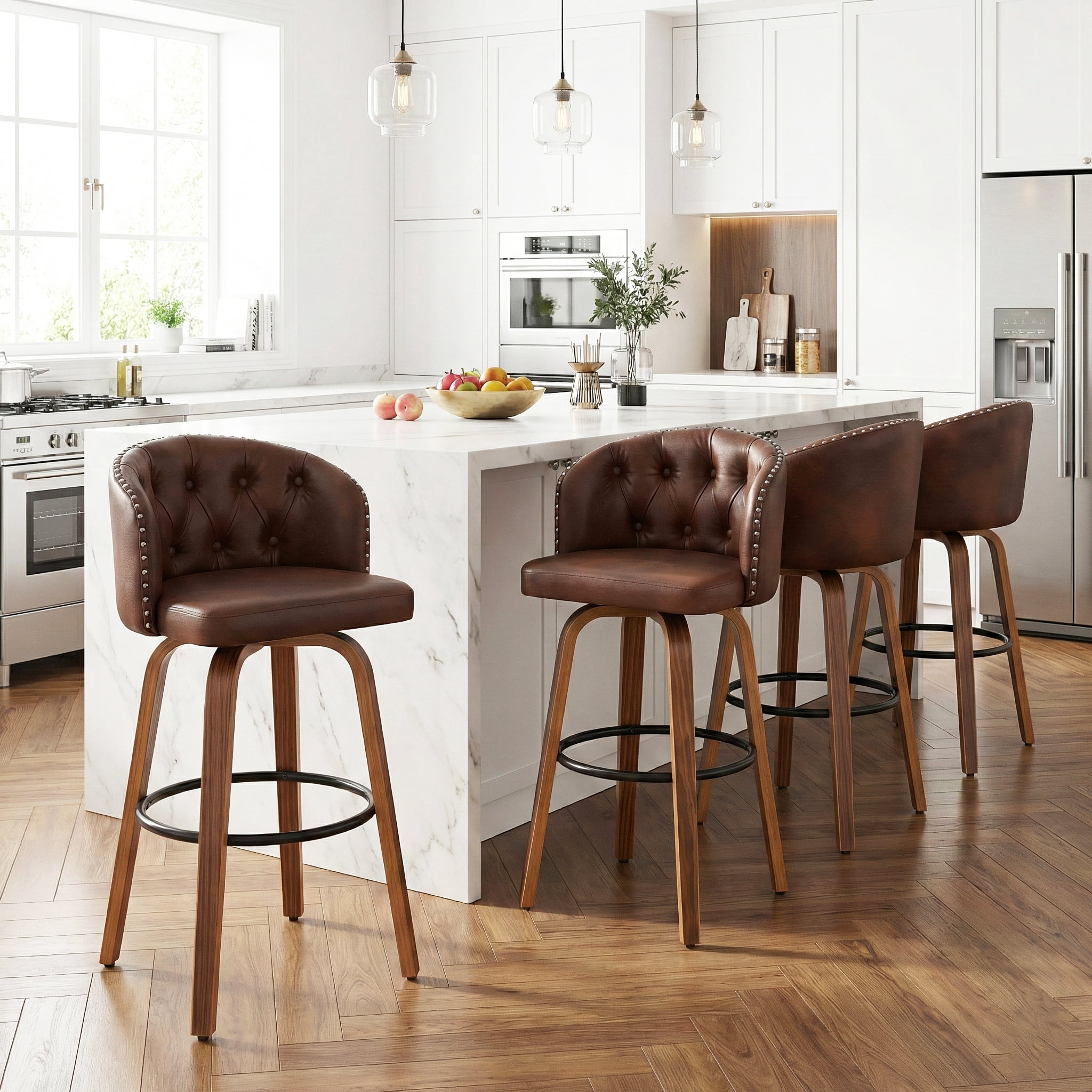 Fahomiss 28" Swivel Bar Stools with Back Set of 4, Leather Farmhouse Bar Height Stools, Brown