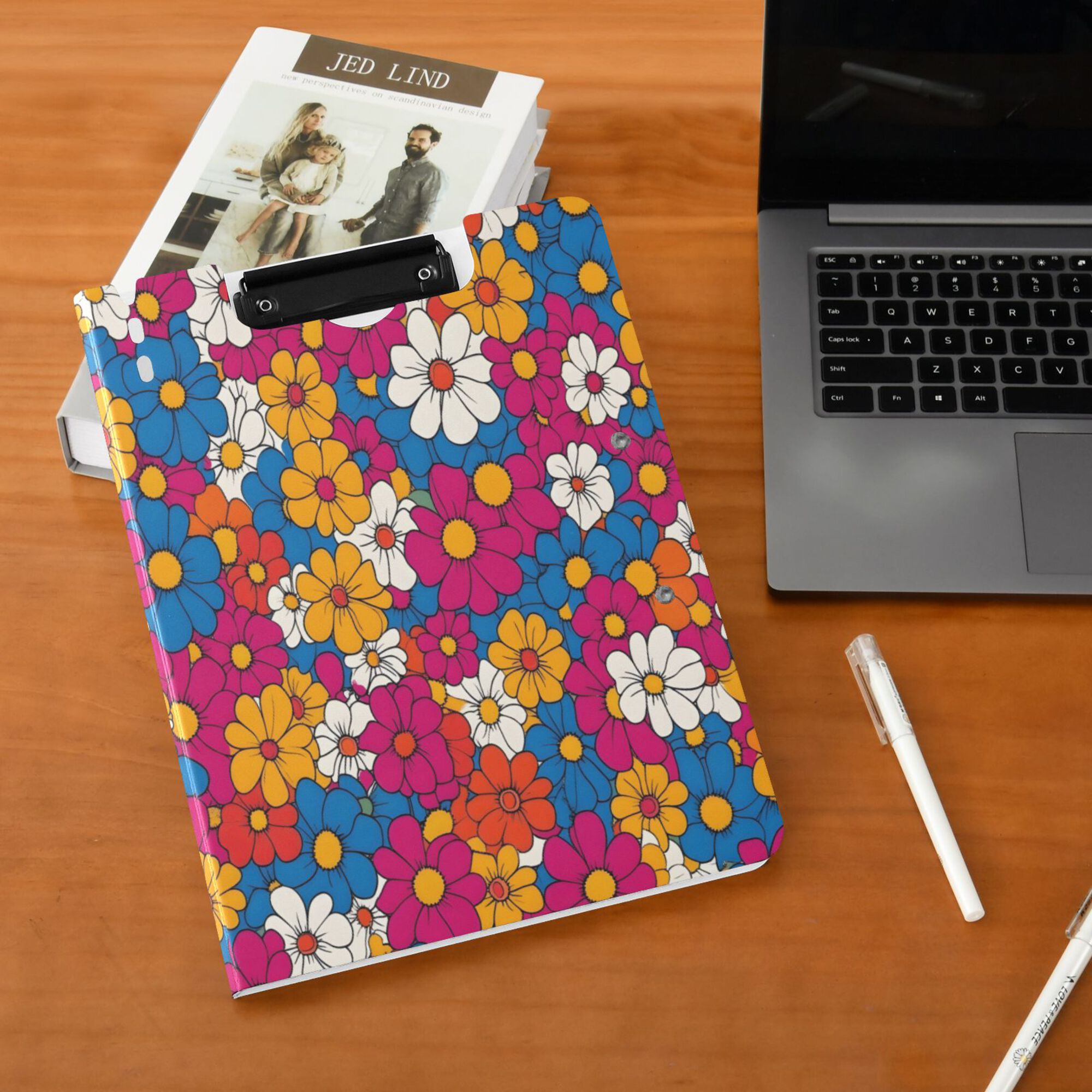 FORMRS A4 Clipboard Folder with Pen Holder Horizontal Foldable School Office Binder, Red Whimsical Floral