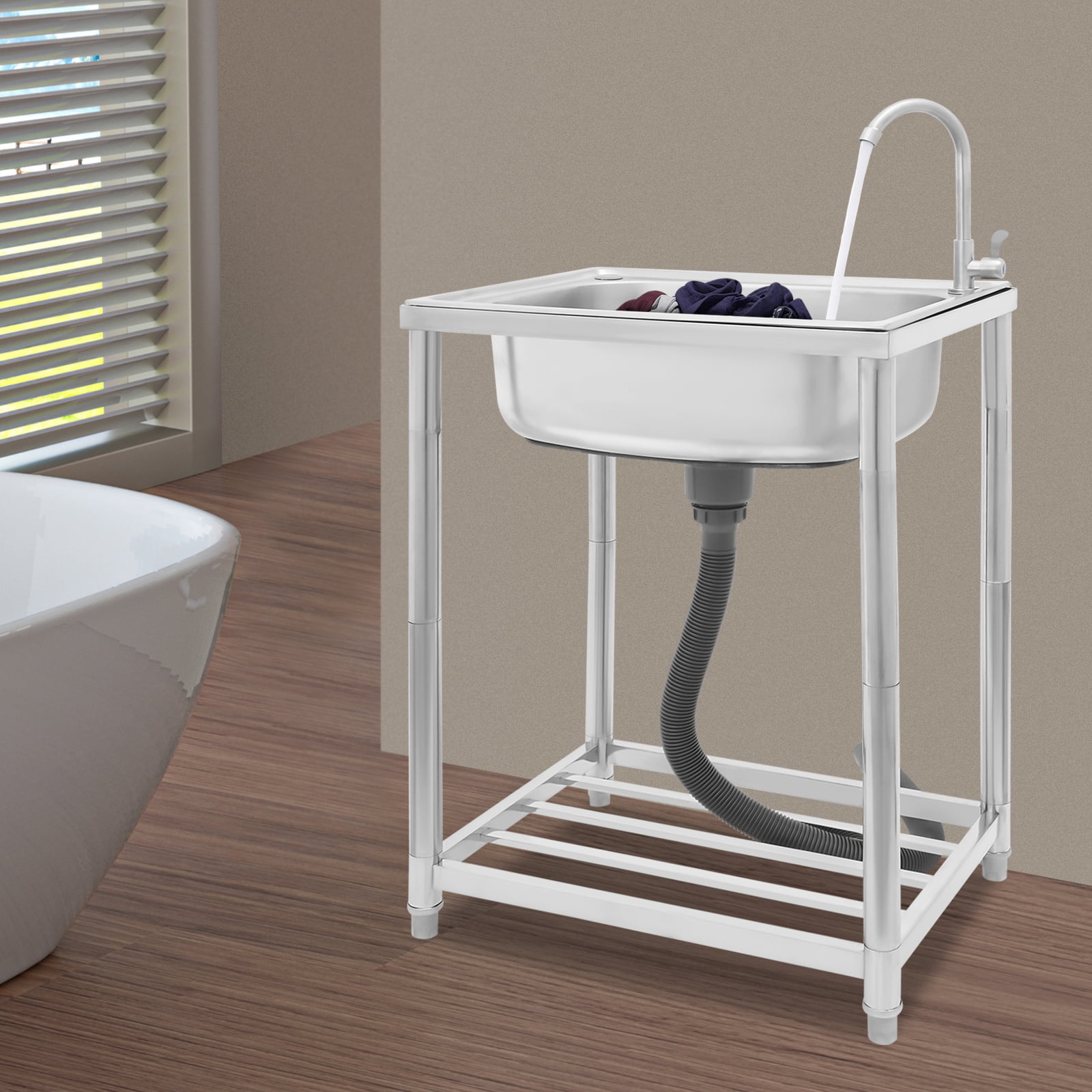 Kitchen Sink, Stainless Steel Sink, Free Standing Single Bowl Sink for Homes, Outdoors, Restaurants, Laundry Rooms, Basements