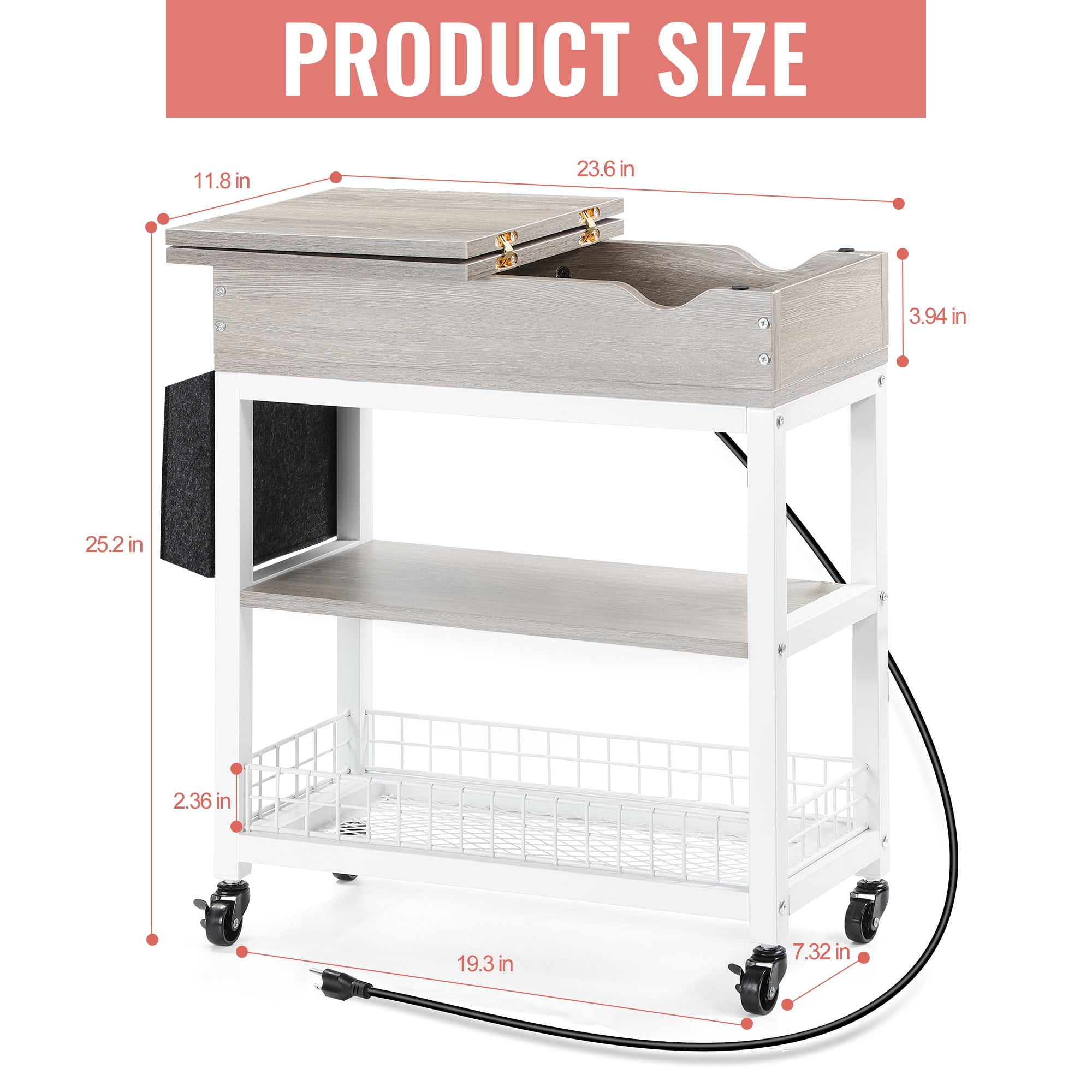 Side Table with Side Pocket Grid Basket, White