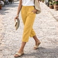thumbnail image 4 of Capri Pants for Women Cotton Linen Straight Leg Pants with Pockets Cropped Elastic Waist Vacation Trousers, L, 4 of 6
