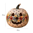thumbnail image 3 of Floral Hand-Painted Ceramic Light Up Pumpkin Lantern, Carved Jack-O-Lantern with Warm LED, Textured Speckled Green Base Folk Halloween Tabletop Decor for Mantel Bedside Entry Shelf Fall Centerpiece, 3 of 7